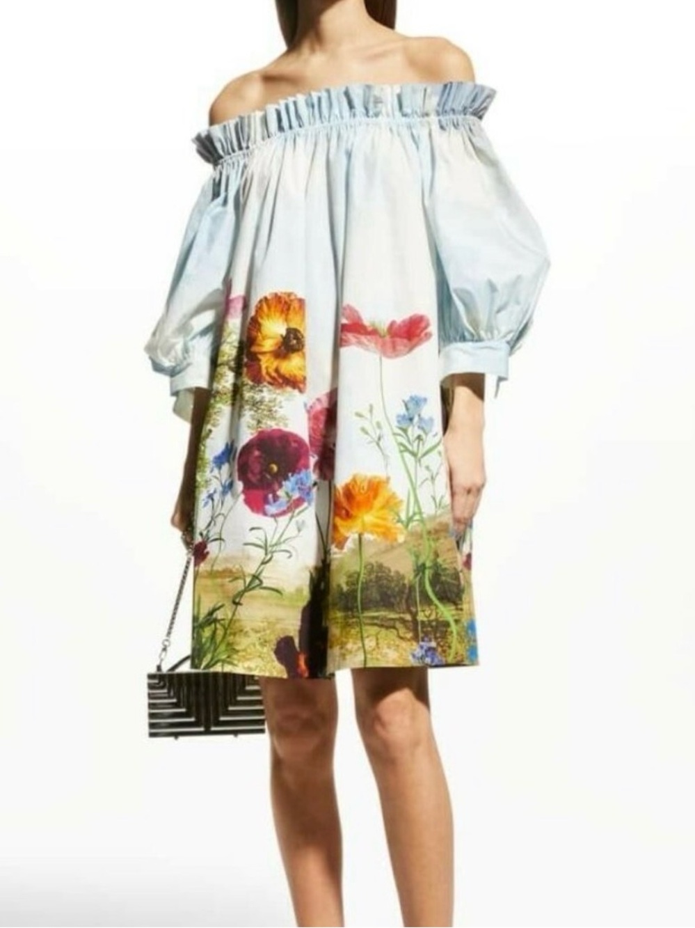 Oscar de la Renta Light Blue Floral Off-Shoulder Dress